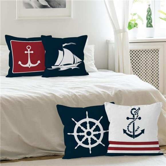 Navy Blue Nautical Anchor Pillow Covers 18x18 Set of 4 Ocean Coastal Boat Decor - Picture 3 of 8